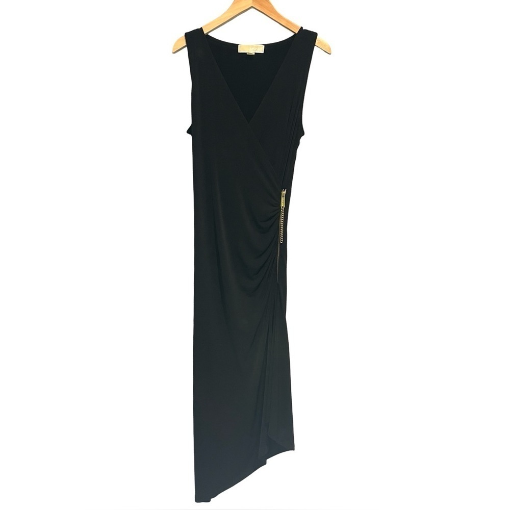 Michael Kors Asymmetrical Ruched Black Sleeveless Midi Dress w Statement Zipper